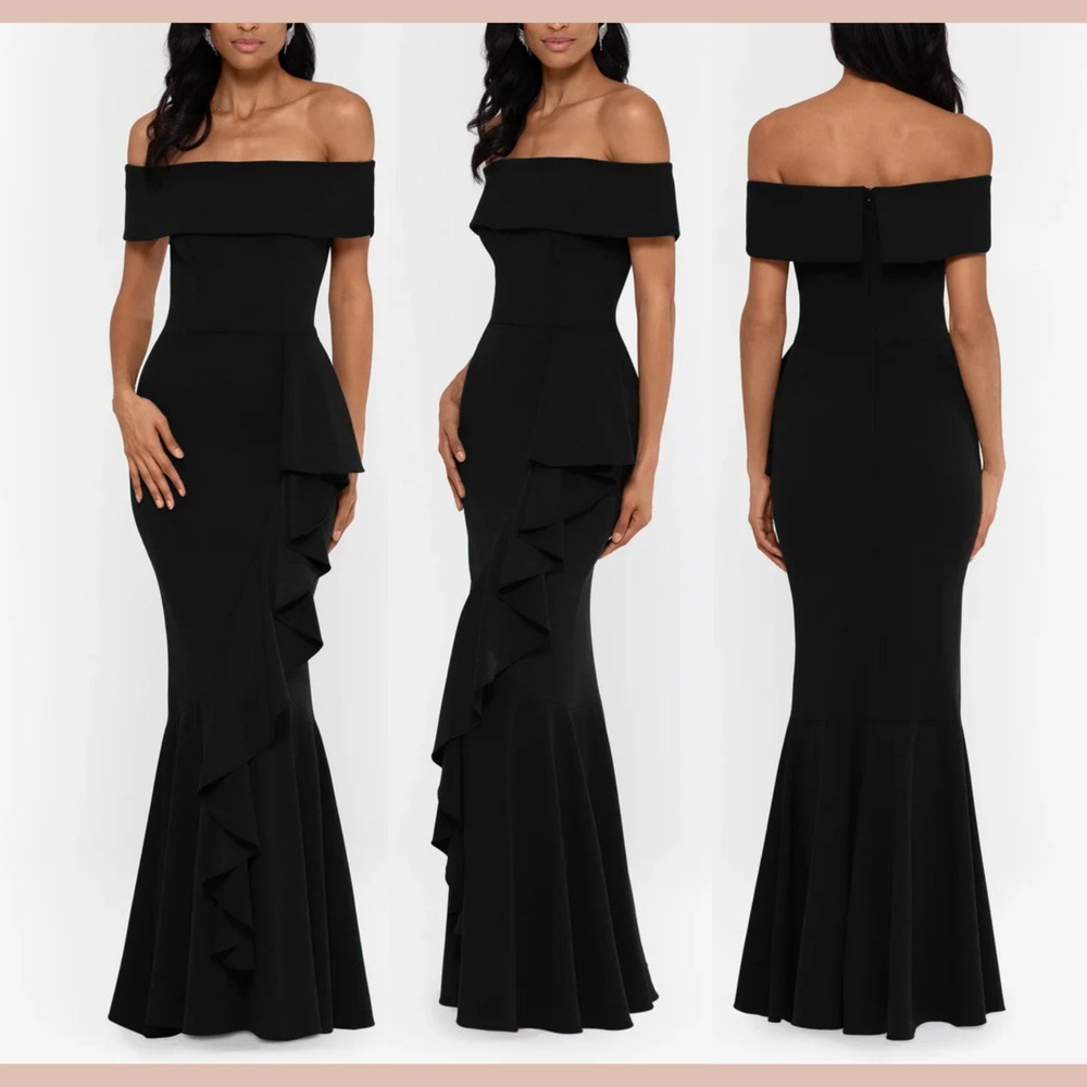 NEW $279 Betsy‎ & Adam [ 8 ] Carina Long Off Shoulder Ruffle Gown Black Q1288